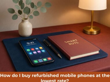 Refurbished smartphone on velvet desk with warm lighting and stylish decor