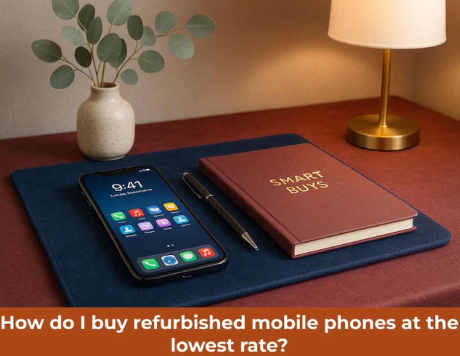Refurbished smartphone on velvet desk with warm lighting and stylish decor
